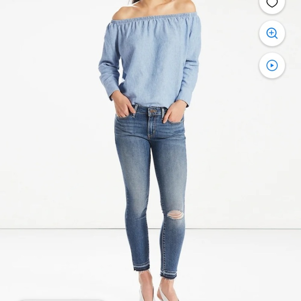 Levi's 711 Denim Blue Skinny Ankle Jeans with Knee Rip and Raw Hems